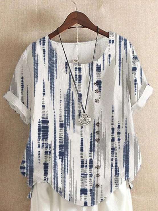 Damen Gestreift Sommer Leinen Kurzarm Rundhals Bluse