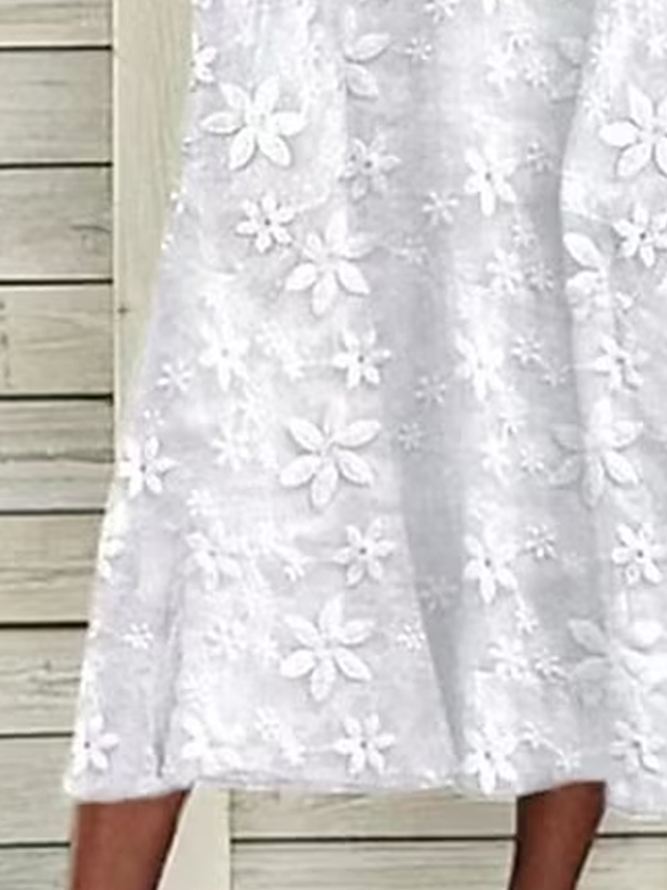 Damen Geblümt Sommer Leinen Hochzeit Spitze Halbarm Rundhals Baumwollmischung Kleid