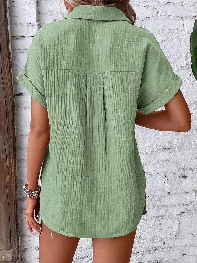 Lässig Unifarben Hemdkragen Bluse