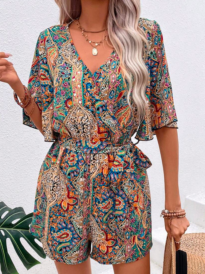 Ethnisch Weit V-Ausschnitt Urlaub Paisley Print Schmetterling Ärmel GÜRTELT Jumpsuit