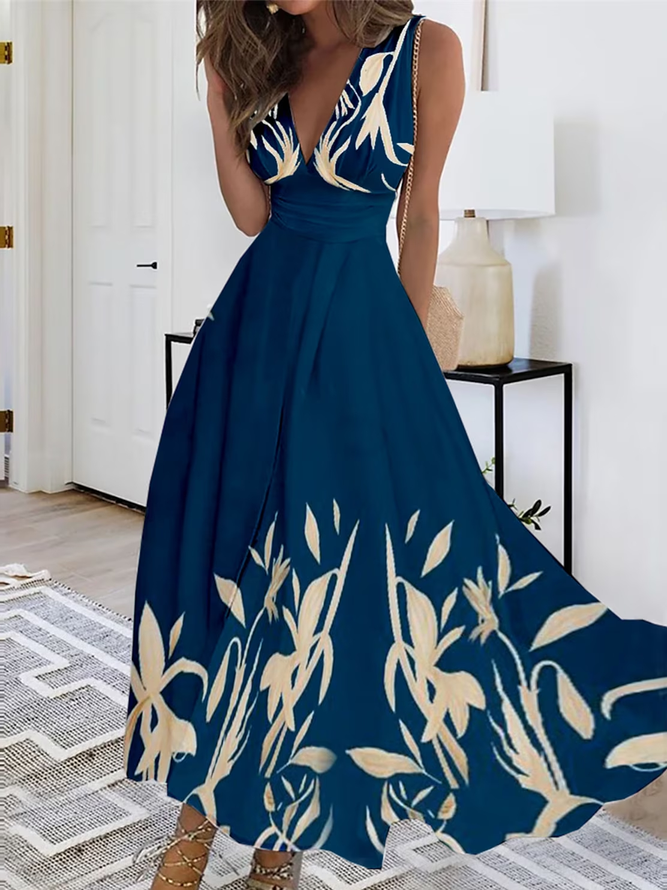 Sommer Lässig Blätter V-Ausschnitt Kleid