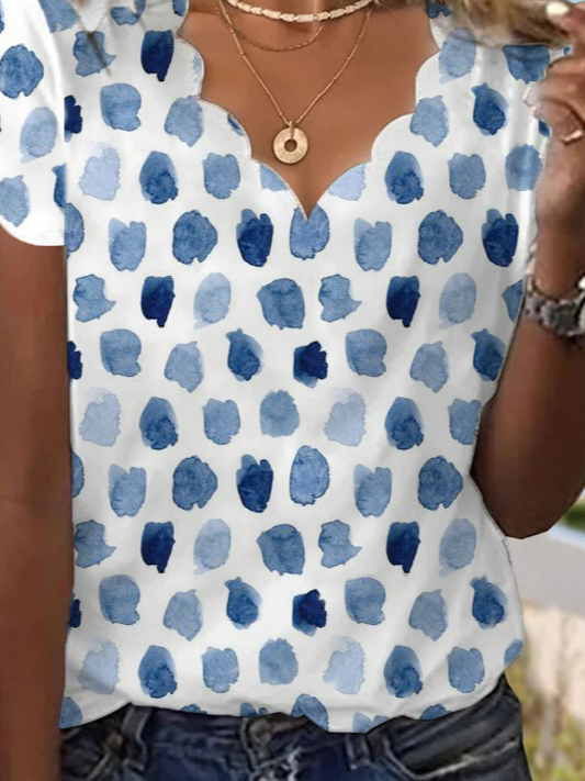 Damen Baumwolle Aquarell Polka Dots Lässig V-Ausschnitt Weit T-Shirt