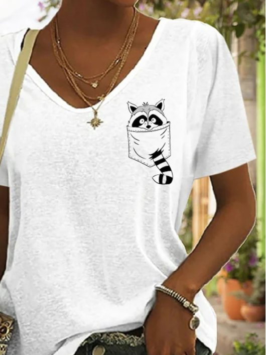 V-Ausschnitt Katze Lässig Weit T-Shirt