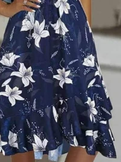 V-Ausschnitt Geblümt Weit Freizeitkleid