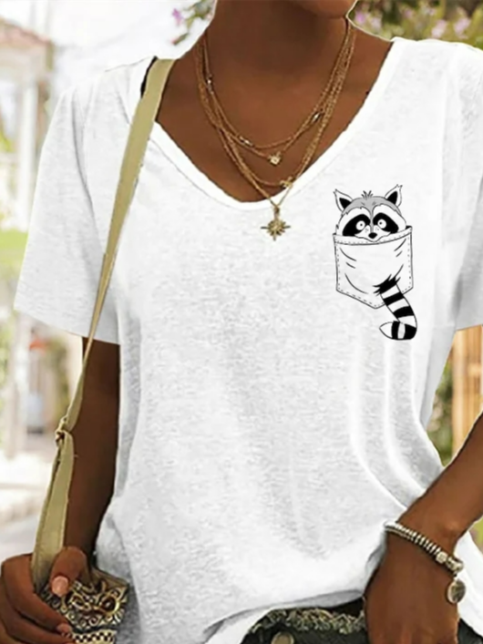 V-Ausschnitt Katze Lässig Weit T-Shirt