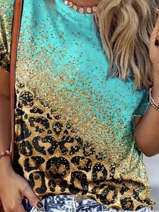 Lässig Leopard Weit Rundhals T-Shirt