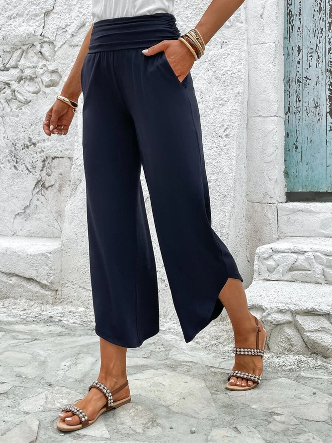 Weit Unifarben Lässig Unifarben schräg Tasche Gerüscht Taille mit Geradem Bein Hose