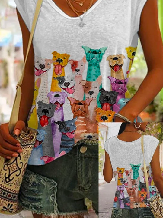 Lässig V-Ausschnitt Damen Süß Hunde Print Ärmellos T-Shirts