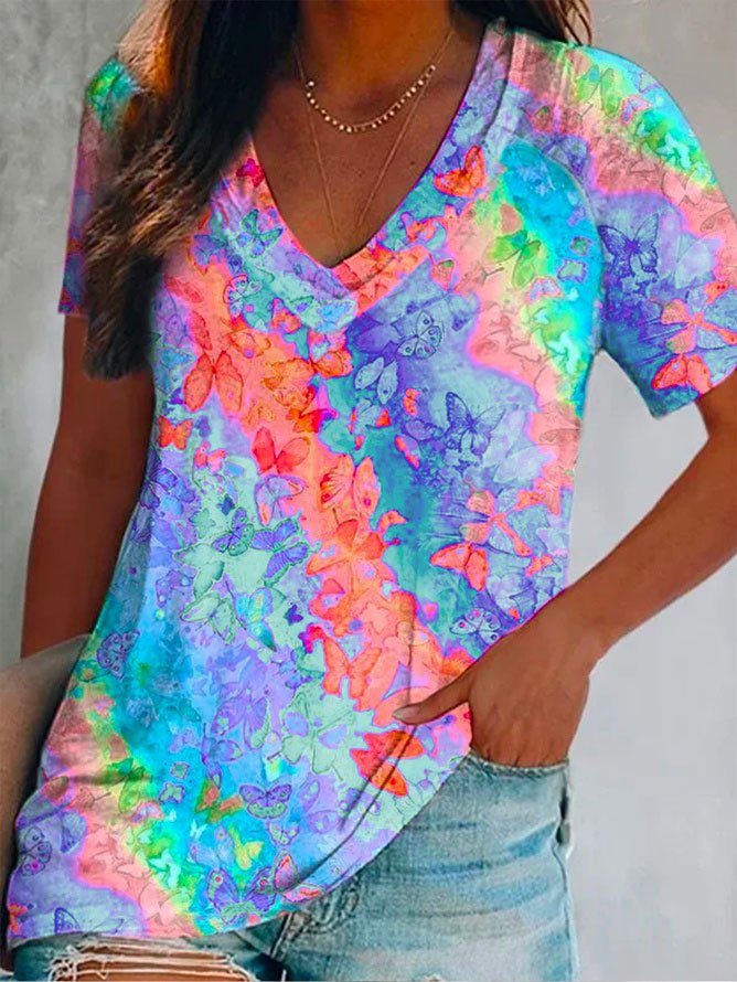 Urlaub Weit V-Ausschnitt Schmetterling T-Shirt