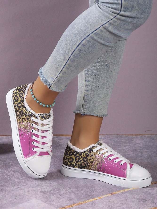 Kontrast Leopard Farbverlauf Franse Saum Schnürung Segeltuch Schuhe