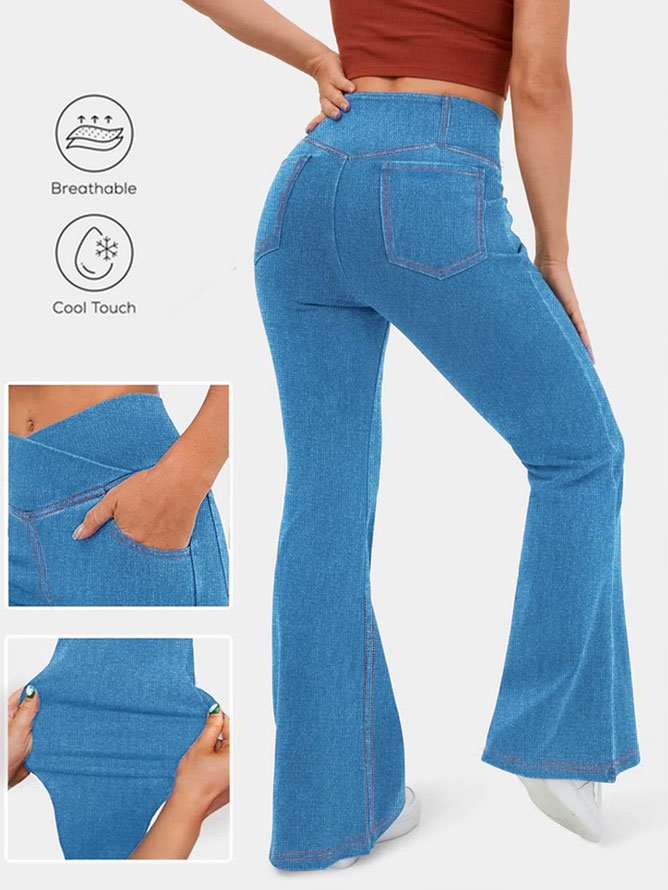 Hoch Tailliert Überkreuzung Tasche Gewaschen Elastisch Stricken Denim Lässig Super Flare Hose