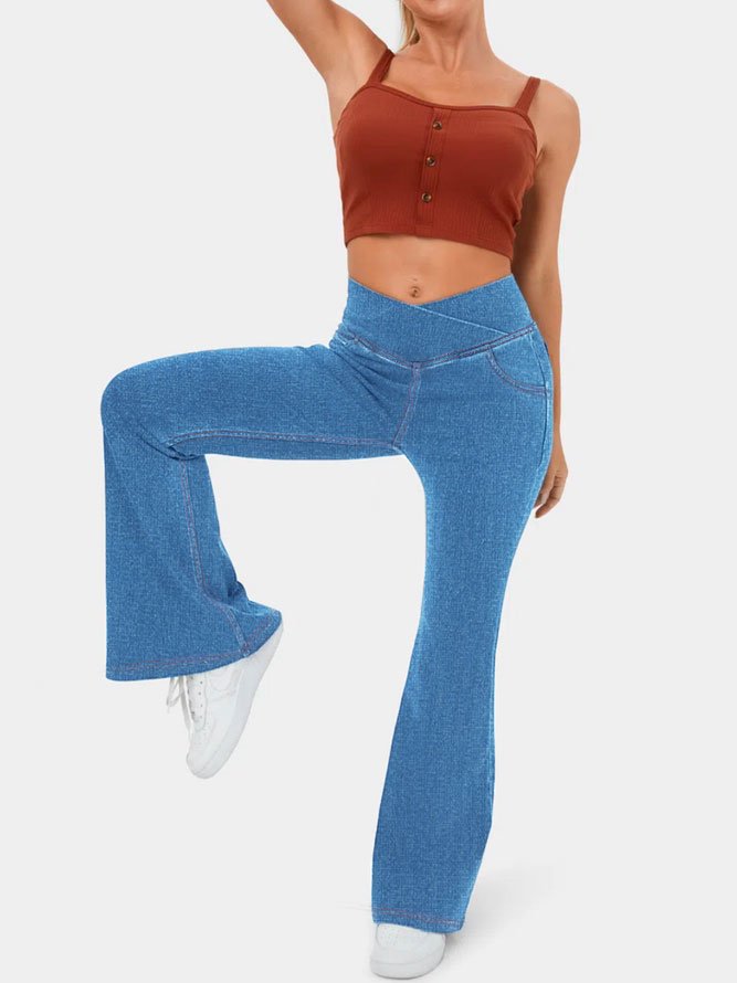 Hoch Tailliert Überkreuzung Tasche Gewaschen Elastisch Stricken Denim Lässig Super Flare Hose