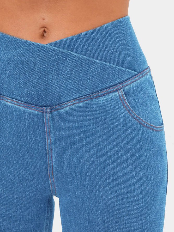 Hoch Tailliert Überkreuzung Tasche Gewaschen Elastisch Stricken Denim Lässig Super Flare Hose