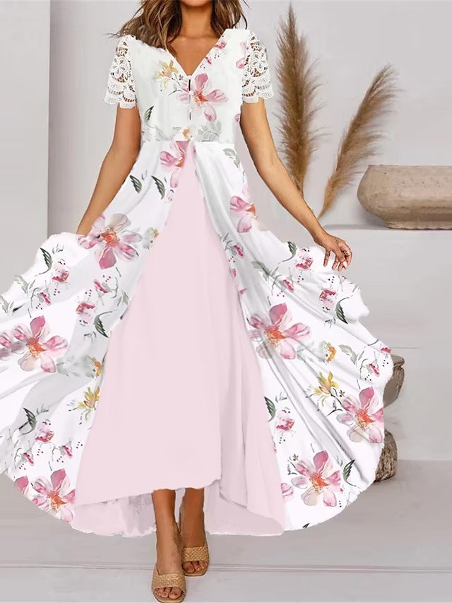 Damen Geblümt Sommer Elegant Täglich Maxikleid Kurzarm X-Linie Regelmäßig Nein Kleider