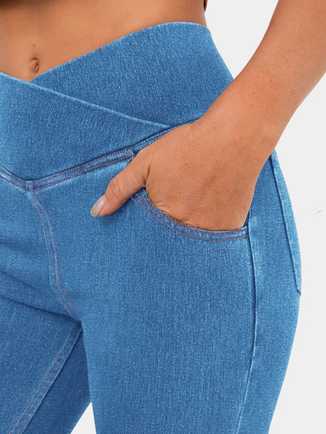 Hoch Tailliert Überkreuzung Tasche Gewaschen Elastisch Stricken Denim Lässig Super Flare Hose