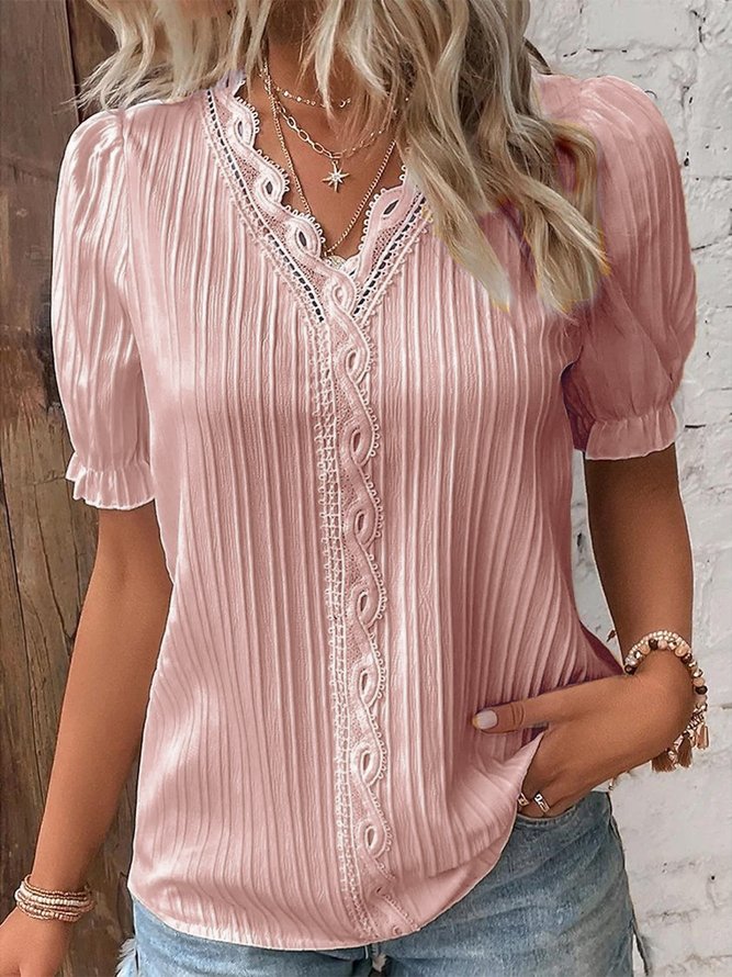 V-Ausschnitt Unifarben Spitze Elegant Bluse