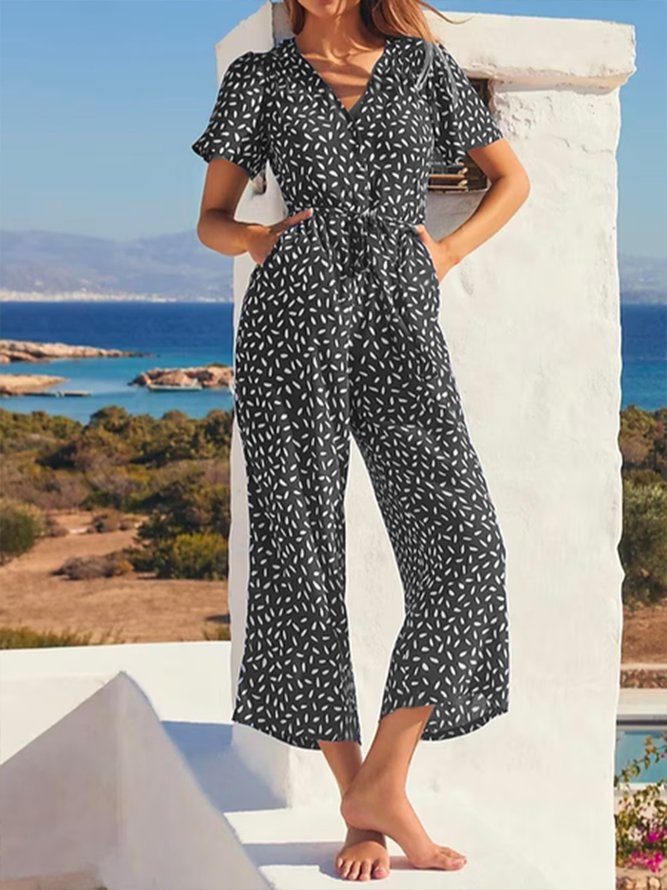 Weit V-Ausschnitt Geblümt Urlaub Jumpsuit