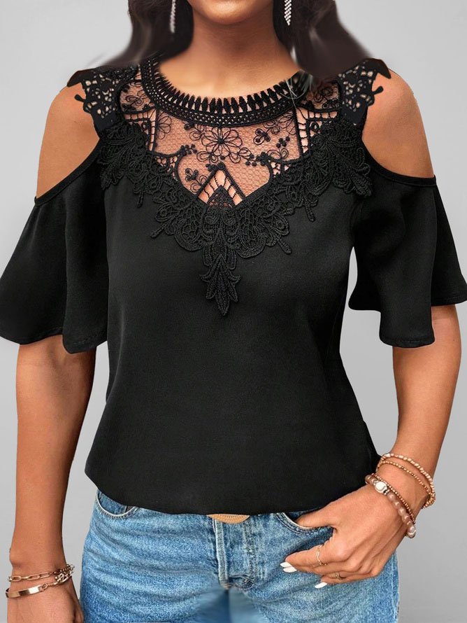 Damen Rundhals Lässig Weit Unifarben T-Shirt
