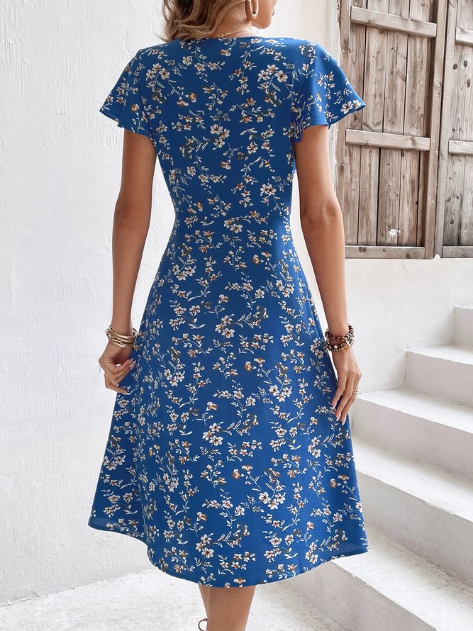 Elegant Regelmäßige Passform Rüschenärmel Geblümt Karree-Ausschnitt Kleid