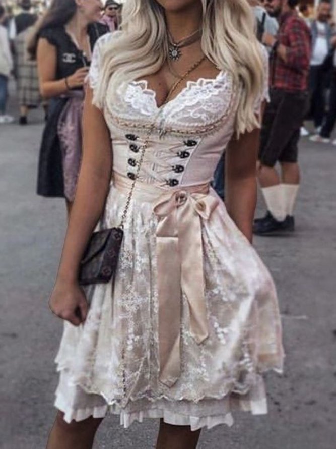 Dirndl Oktoberfest Unifarben Elegant V-Ausschnitt Kleid