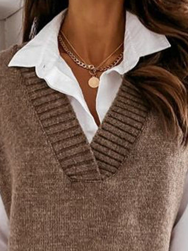 Unifarben V-Ausschnitt Baumwollmischung Lässig Pullover