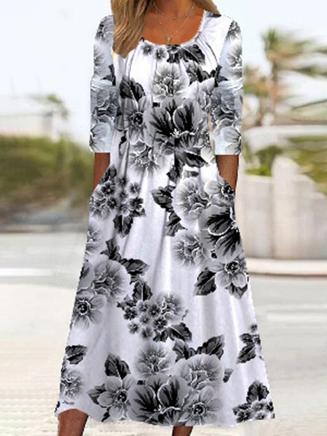 Lässig Geblümt Karree-Ausschnitt Regelmäßige Passform Kleid