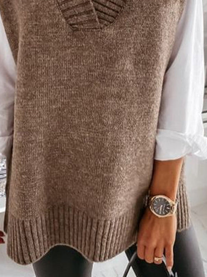 Unifarben V-Ausschnitt Baumwollmischung Lässig Pullover