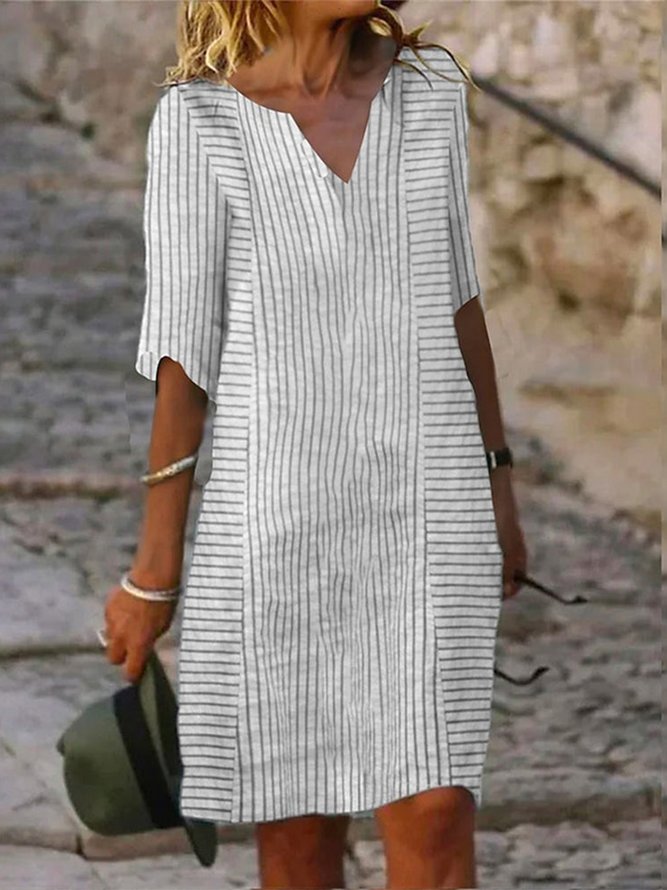Lässig V-Ausschnitt Weit Gestreift Kleid mit Nein