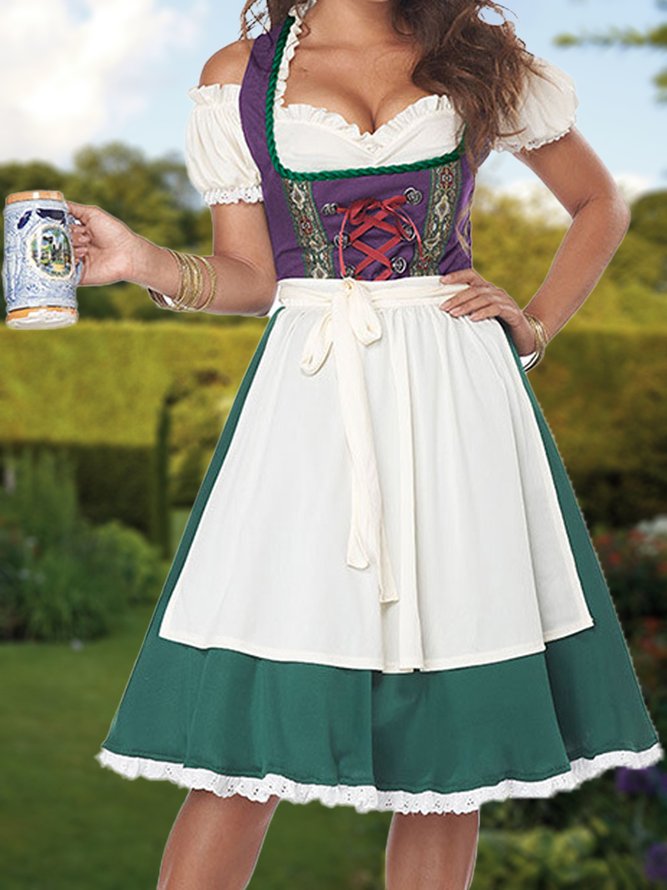 Dirndl Oktoberfest Urlaub Unifarben Regelmäßige Passform  Gekerbt Kleid mit Nein