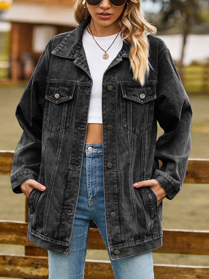 Lässig Denim Unifarben Denim Mantel