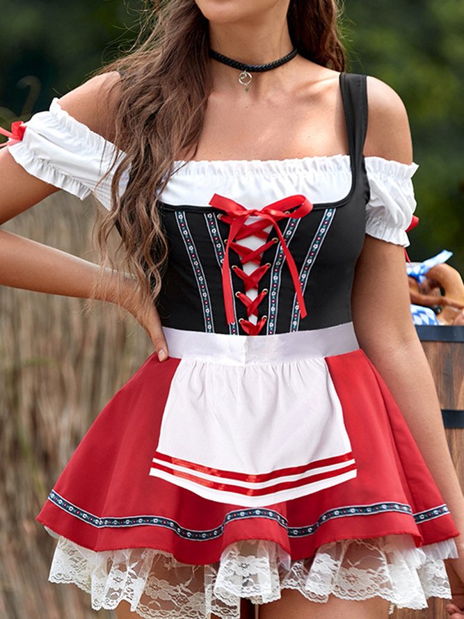 Dirndl Oktoberfest Urlaub Unifarben U-Boot-Ausschnitt Kleid mit Nein