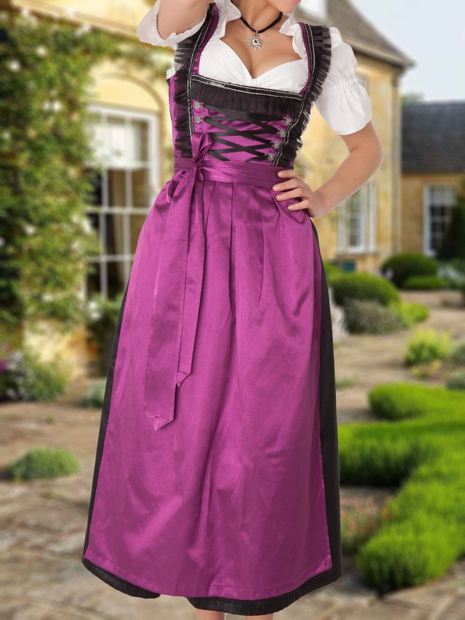 Dirndl Oktoberfest Urlaub Unifarben Gekerbt Regelmäßige Passform Kleid