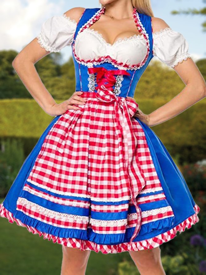 Dirndl Oktoberfest Urlaub Kariert Karree-Ausschnitt Regelmäßige Passform Kleid