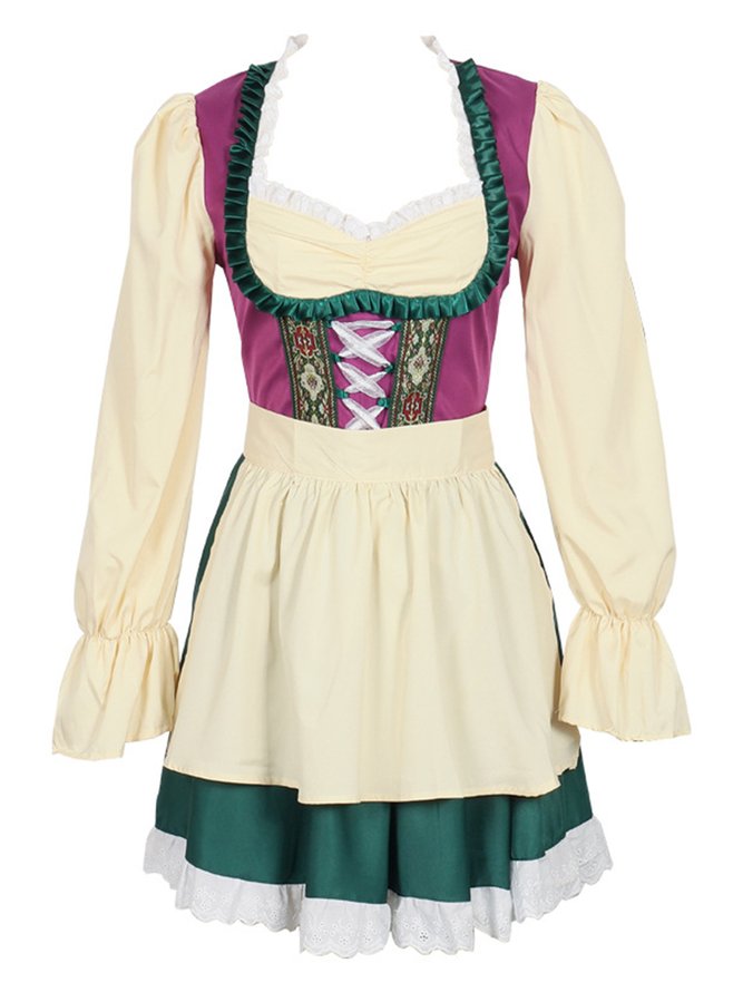 Dirndl Oktoberfest Urlaub Farbblock Karree-Ausschnitt Regelmäßige Passform Kleid mit Nein