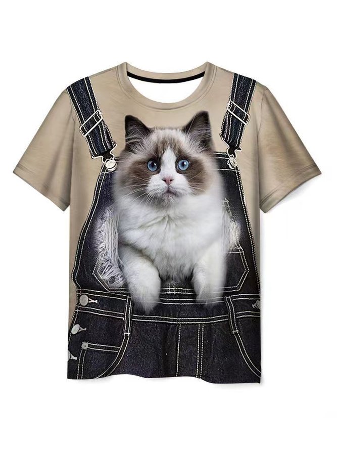 Herren Lässig Katze Lätzchen Muster Rundhals Hohe Elastizität Kurzarm T-Shirt Spaß