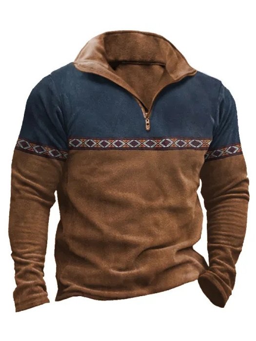 Farbblock Stehkragen Normale Ärmel Retro Regelmäßige Passform Langarm T-Shirt