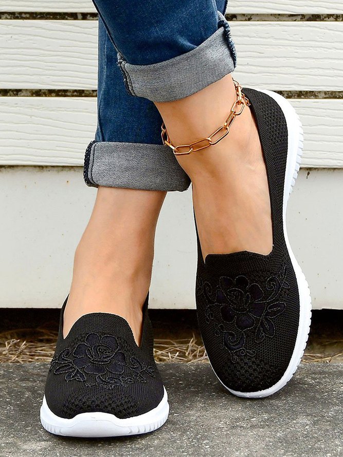 Geblümt Stickerei Atmungsaktiv Flyknit Slip On Sneakers