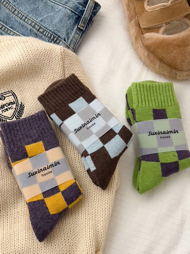 Schachbrett Farbkontrast Wollgemisch thermal Socken