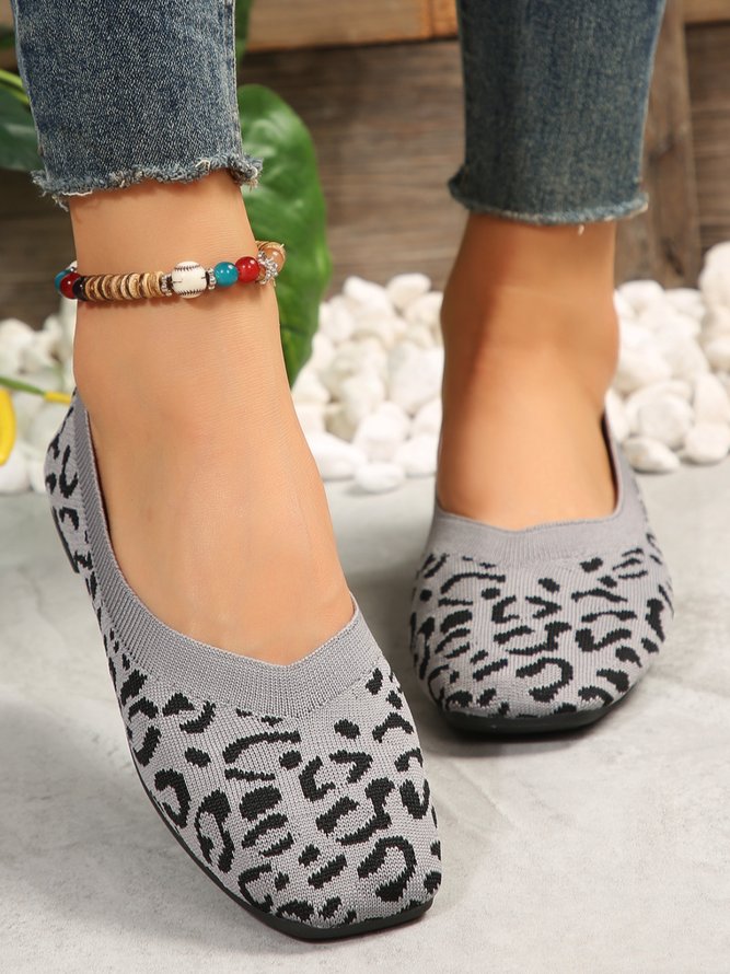 Lässig Leopard Atmungsaktiv Textil Quadratisch Flache Schuhe