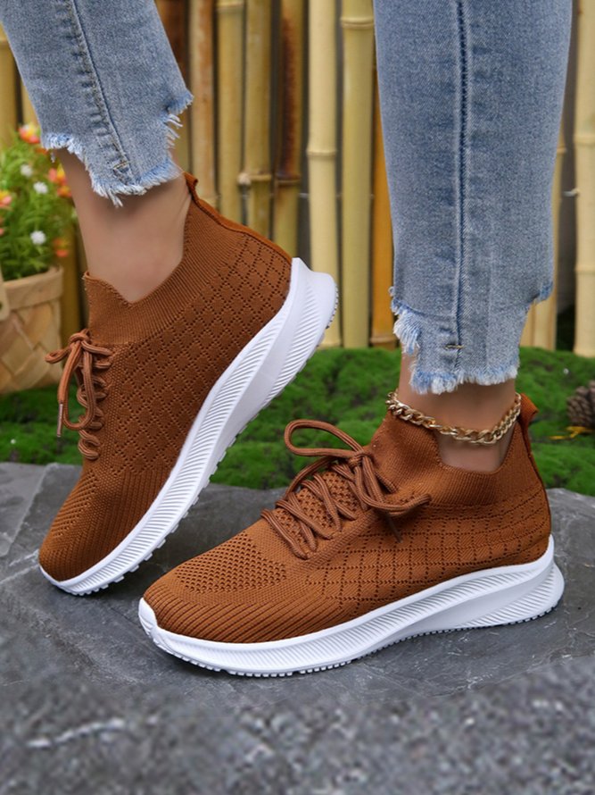 Damen Kariert Schnürung Dekor Atmungsaktiv Slip On Flyknit Sneakers