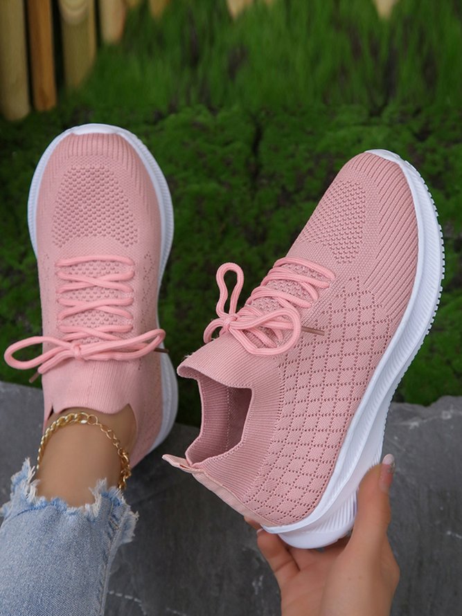Damen Kariert Schnürung Dekor Atmungsaktiv Slip On Flyknit Sneakers