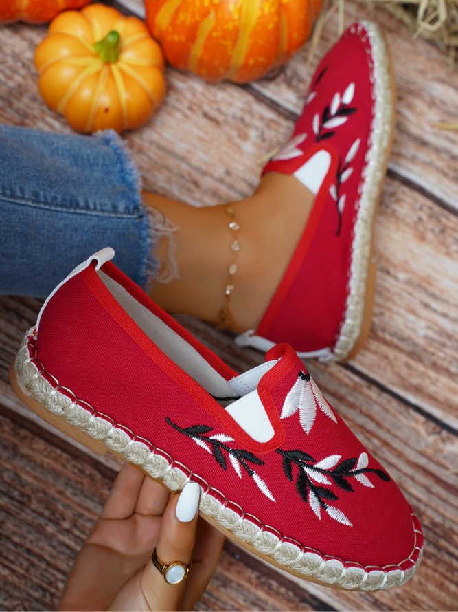 Damen Geblümt Blätter Stickerei Slip On Espadrille Slippers