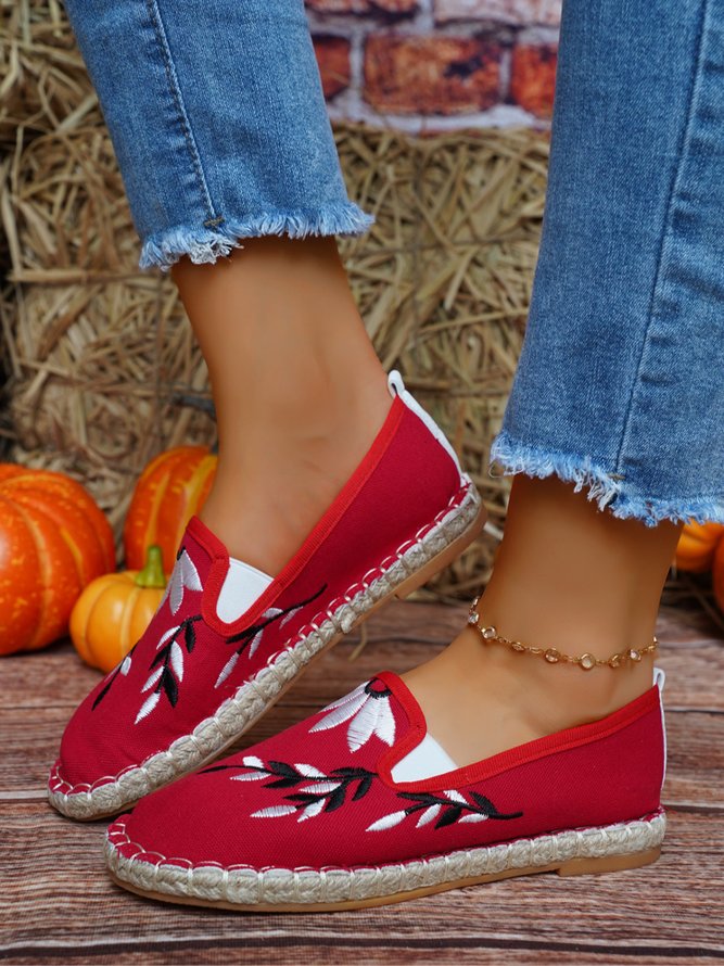 Damen Geblümt Blätter Stickerei Slip On Espadrille Slippers