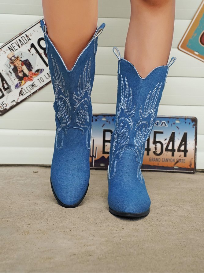 Damen Stickerei Slip On Western Stiefelette