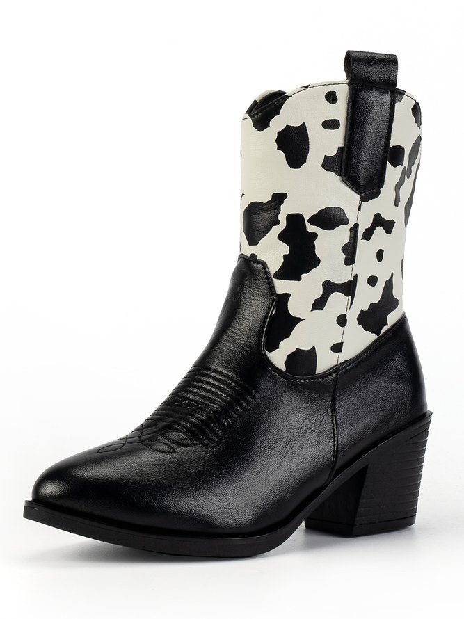 Damen Kuh-Muster Blockabsatz Slip On Western Stiefelette