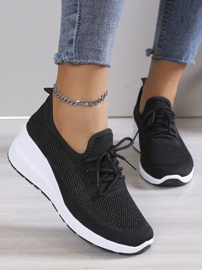 Lässig Schnürung Dekor Atmungsaktiv Flyknit Keilabsatz Slip On Sneakers
