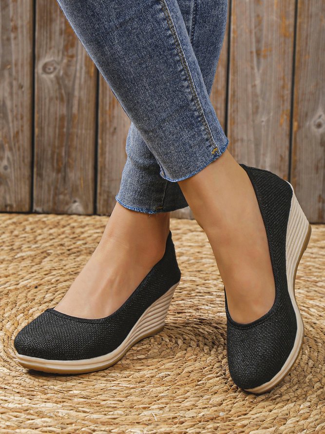 Damen minimalistisch Leinen Stoff Keilabsatz Flache Schuhe