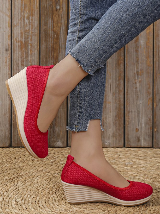 Damen minimalistisch Leinen Stoff Keilabsatz Flache Schuhe