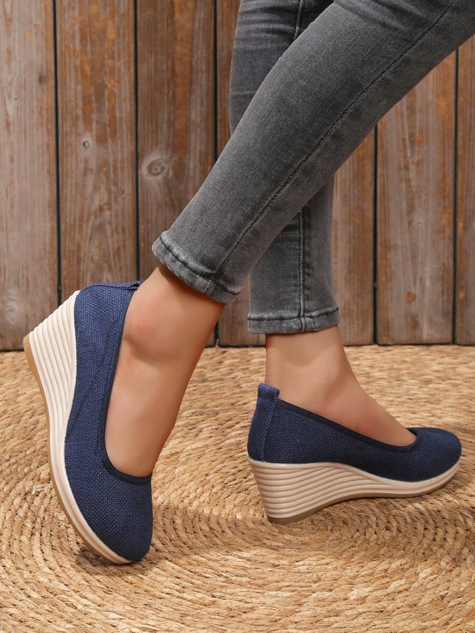 Damen minimalistisch Leinen Stoff Keilabsatz Flache Schuhe