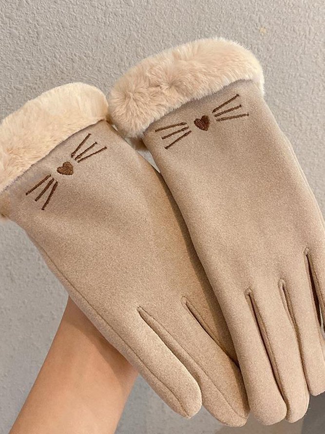 Katze Gesicht Stickerei Schleife Knoten Pelz Revers Warm Elegant Damen Handschuhe